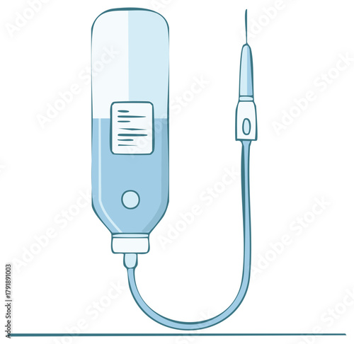 Intravenous fluid drip bag with tube and needle cartoon illustration for medical care