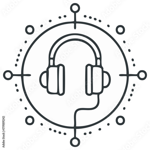 Headphones surrounded by a geometric decoration. Audio listen concept, graphic design for music industry.