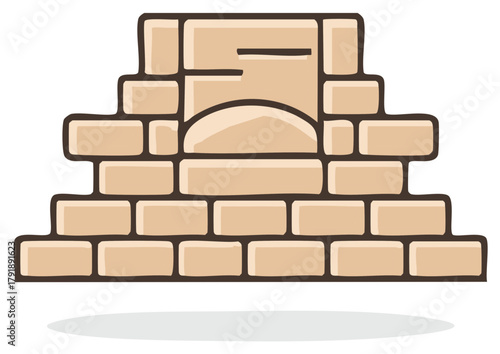 Stone oven structure built with light brown bricks and a curved entrance opening