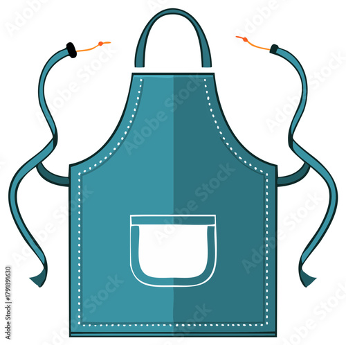 Stylized blue kitchen apron with ties, cooking, baking or cleaning symbol, flat vector illustration
