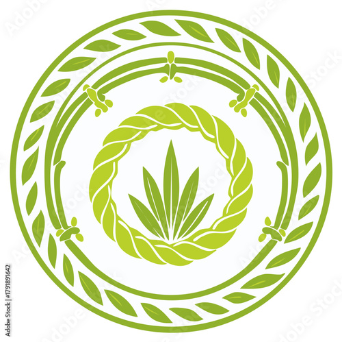 Stylized Green Cannabis Leaf in Decorative Botanical Circular Emblem Logo