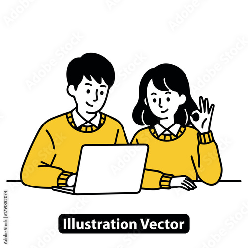 Couple Using Laptop with Okay Gesture Illustration of Online Communication and Agreement