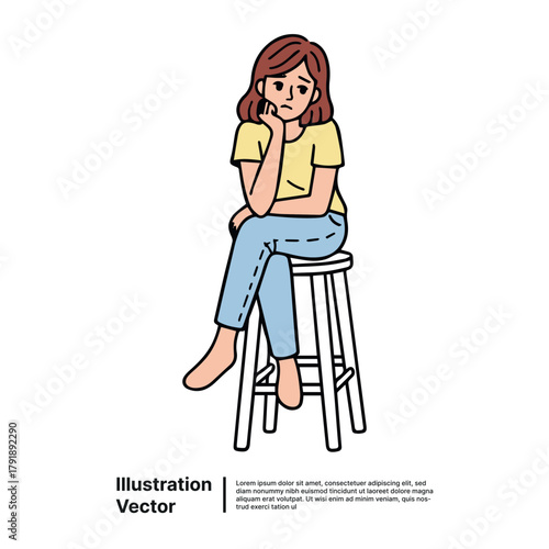 Illustration of a Sad Woman Sitting on a Tall Stool A Depressed Expression with Hand on Cheek