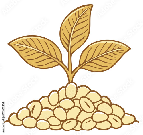 Sprouting Plant Seedling Emerging from Pile of Seeds Cartoon Vector Illustration