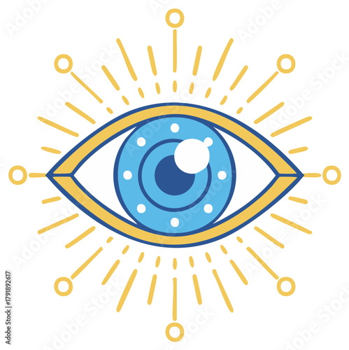 Blue all-seeing eye and evil eye protection symbol with golden rays. Esoteric magic talisman vector illustration.