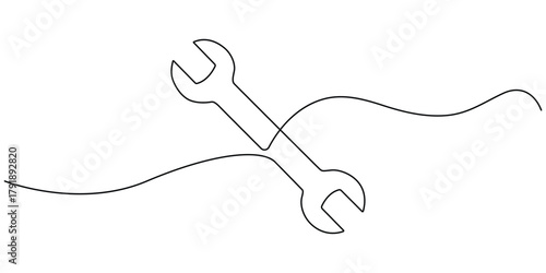 Wrench hand tool continuous one line drawing on white background.
