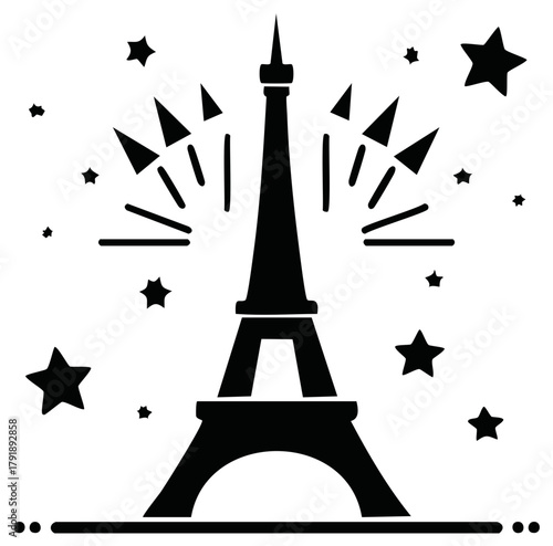 Festive Eiffel Tower Celebration Black and White Vector Graphic with Fireworks and Stars