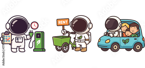 cute astronaut shopping and driving a toy car