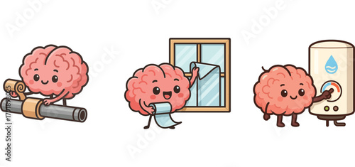 cute brain character fixing pipes and checking water heater