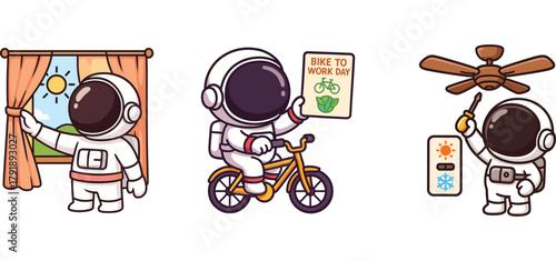 cute astronaut washing clothes and doing laundry