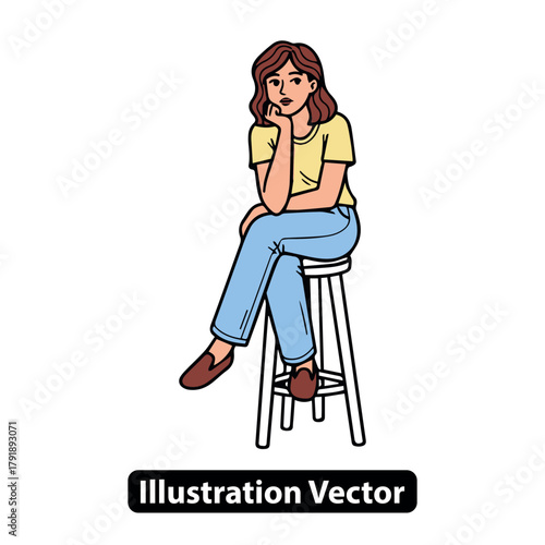 Thoughtful young woman sitting on a high stool, contemplating ideas, simple vector character artwork