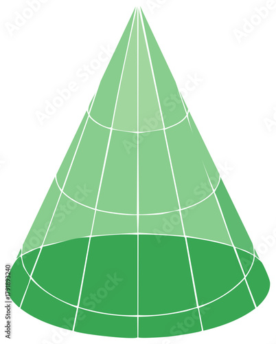 Green geometric cone shape with curved lines and shaded segments on a plain background