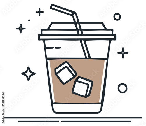 Refreshing Cold Coffee Drink with Ice Cubes and Straw Hand Drawn Style