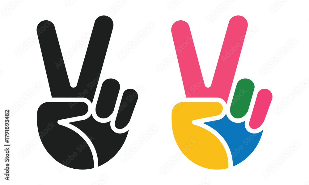 Obraz premium Peace Gesture Hand Icon Collection – Colorful Vector Symbols of Two-Finger Hand Signs, Positive Message Graphics for Creative Design, Stickers, Posters, and Digital Art