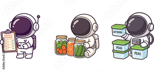 cute astronaut organizing labeled food cans