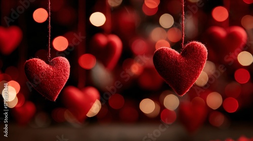 Hanging red hearts create a romantic valentine's day background with bokeh lights