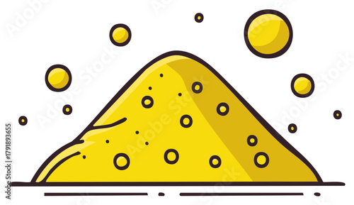 Bright cartoon golden substance pile with glowing particles and abstract minimal design