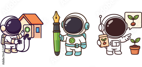 cute astronaut caring for plants and building small birdhouse