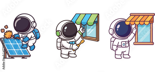 cute astronaut installing solar panels on rooftop