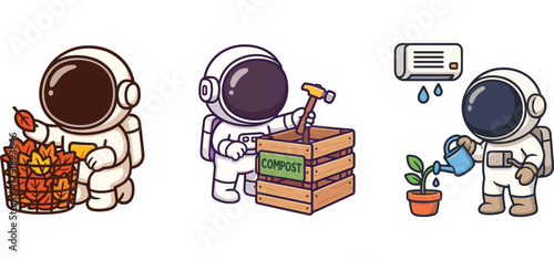 cute astronaut harvesting fruit basket and checking plant label