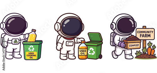 cute astronaut holding eco products and promoting reusable bags