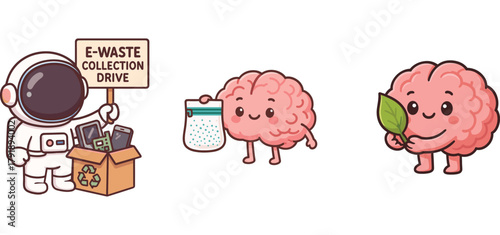 cute astronaut handling e-waste recycling box