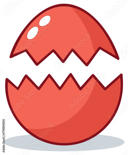 Cracked Red Eggshell with Jagged Edges and Two Eyes Revealing Something Inside