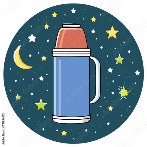 Cartoon thermos bottle against starry night background with moon and stars