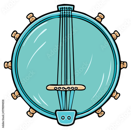Stylized cartoon illustration of a banjo musical instrument in a teal color with six strings