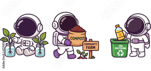 cute astronaut composting waste and watering eco plants
