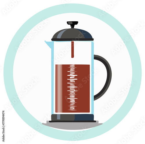 French press coffee maker graphic illustration in a circle light blue flat design