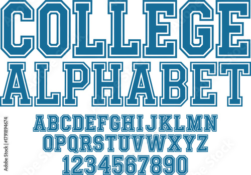 Classic college font. Vintage sport font in american style for football, baseball or basketball logos and t-shirt. Athletic department typeface, varsity style font