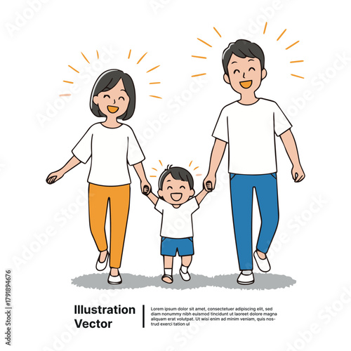 Joyful young family taking a happy walk together, expressing love and togetherness with bright smiles