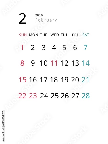 Simple February 2026 Calendar, Vertical
