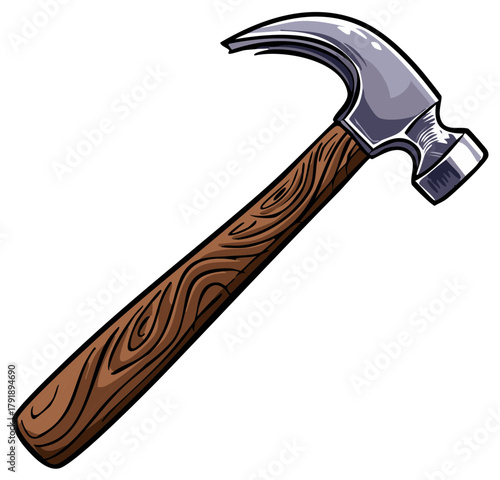 Cartoon hammer with wood handle, shiny metal head, home improvement and construction