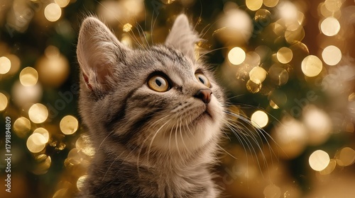 Adorable kitten looking up at glowing Christmas lights cozy festive holiday cat portrait with warm golden bokeh background for winter greeting cards and seasonal decor