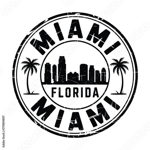 Vintage miami florida skyline stamp with palm trees