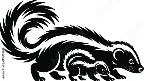 A mother skunk and her baby walk together in this stylized illustration.