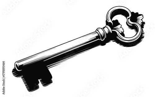 A single antique ornate key lies on a white background with a shadow.