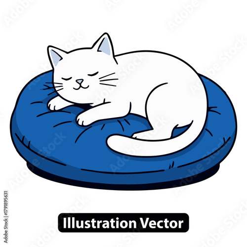 Content white feline companion peacefully napping on a plush blue pet cushion, depicting domestic animal serenity