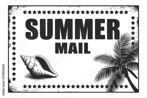 Vintage summer mail sign with seashell and palm tree