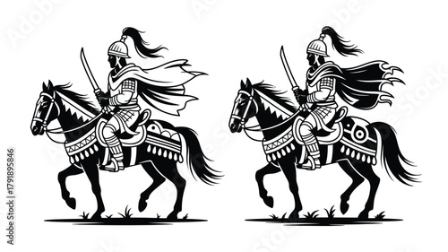 Two identical illustrations of a warrior on horseback, seen from the side, with a sword.