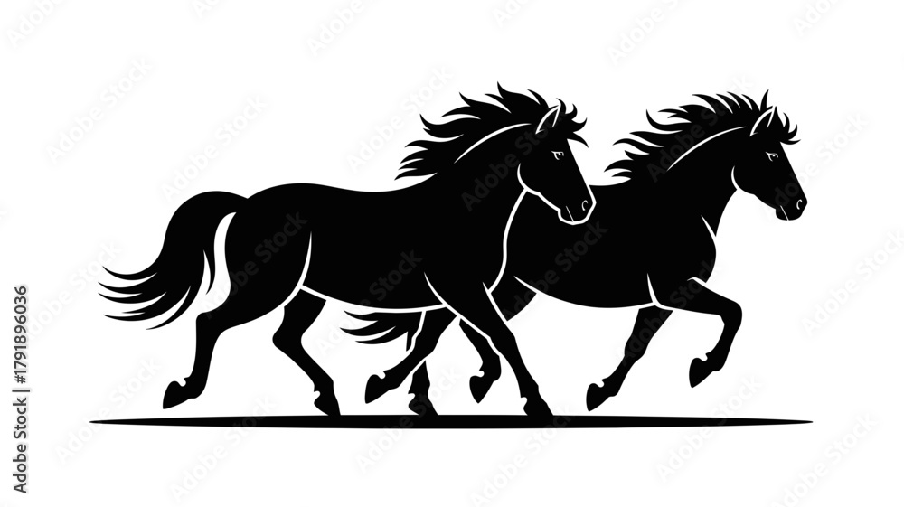 Fototapeta premium Two black horses run side by side on a white background.