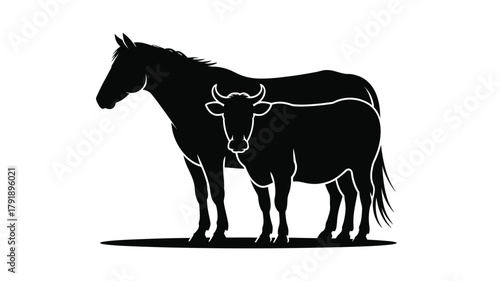 A black silhouette of a horse and a cow standing side by side on a white background.