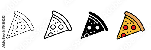 Set of minimalist pizza slice icons with transparent background, depicting delicious Italian food, fast food, restaurant menu symbols, and meal delivery graphics, vector illustration 
