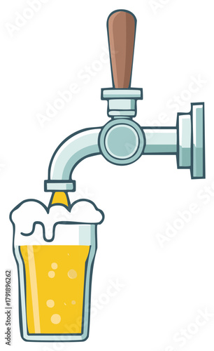 Refreshing cartoon beer pouring from a tap into a full glass with foam