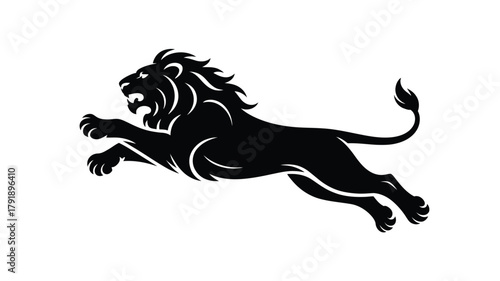 A black silhouette of a lion leaping forward with its mouth open.