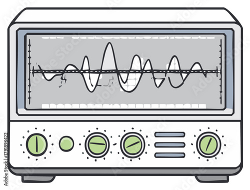 Illustration of a vintage oscilloscope showing an audio waveform with musical notes on the screen