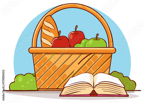 Vibrant cartoon picnic scene featuring a basket of fruit, bread, and a peaceful open book