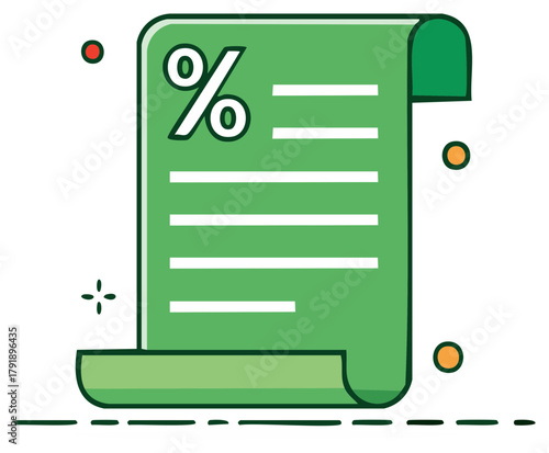 Green invoice document with percentage sign showing financial discount offer or payment reduction, business marketing and promotion strategy